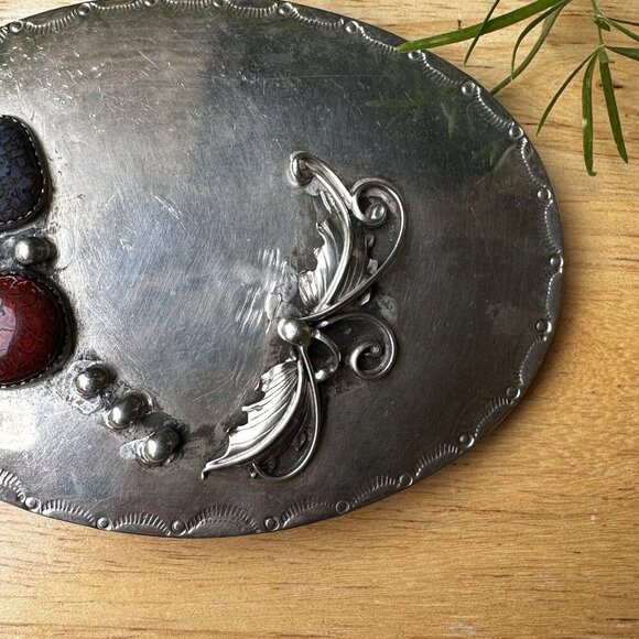 Southwest Belt Buckle 4" x 3" Red White Blue Fossil Dino Bone Sterling 75.0g - Picture 5 of 8